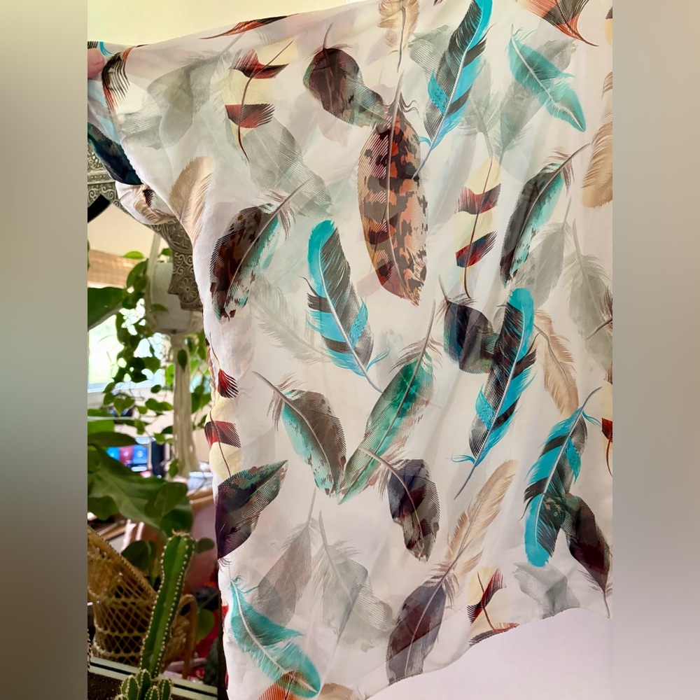 Elana Baldi Italy semi sheer Silk overlay Feather Print Tunic built in lining S - Picture 2 of 5